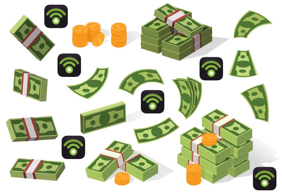 Vector image of green dollar bils and gold coins depicting how users can make money and monitize their PodBean podcast