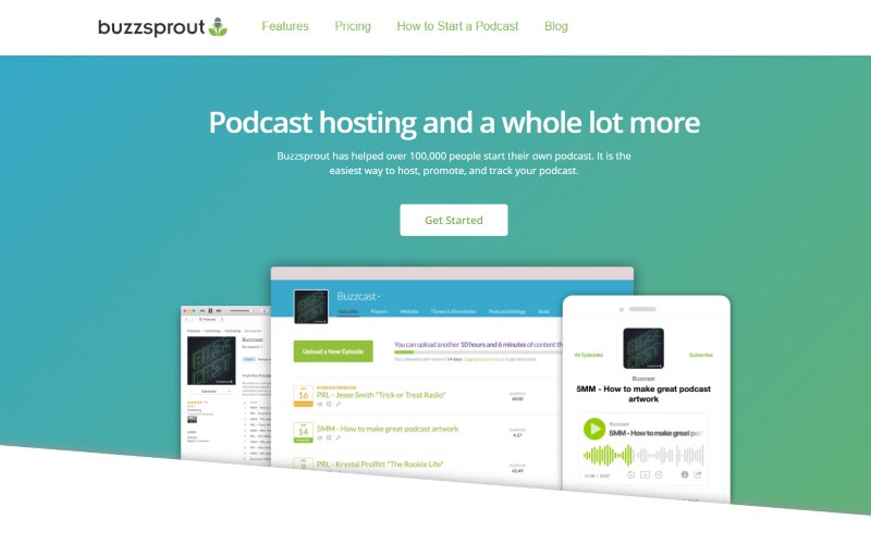 Image of the homepage of the Buzzsprout podcast hosting platform